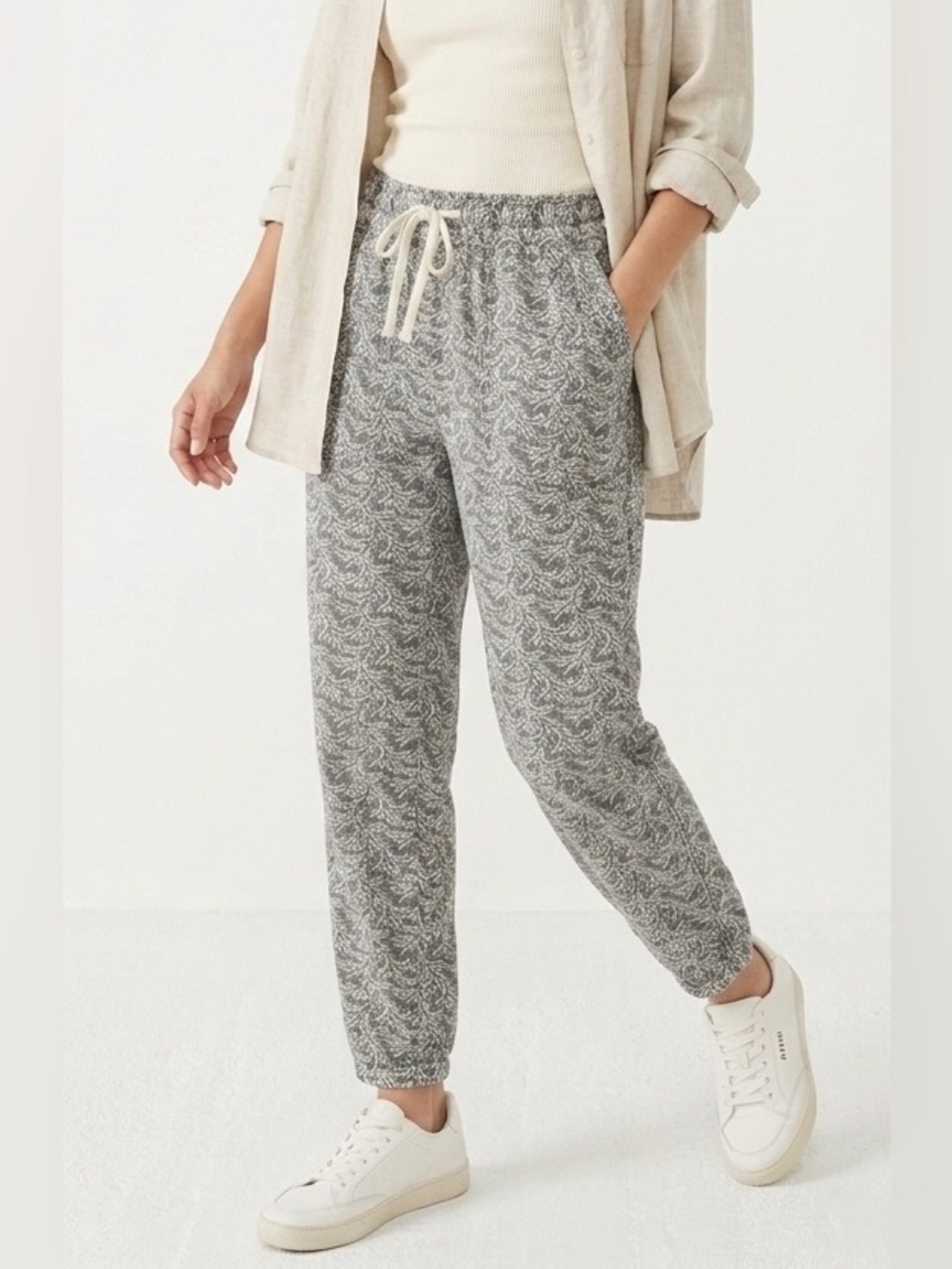 Anthropologie Rhys Linen Utility Jogger Pants Gray Abstract Leaf Print Size XS